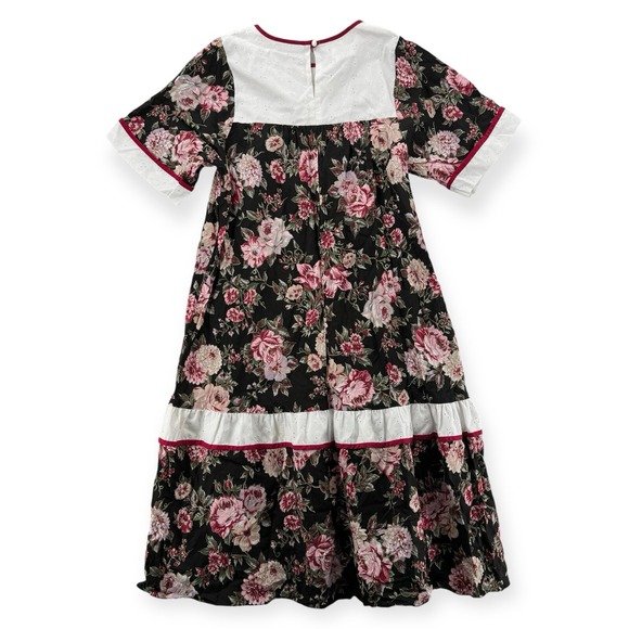 Vintage RM Muumuu Dress Womens Medium Hawaiian Black Floral Knee Eyelet Lace - Picture 2 of 8